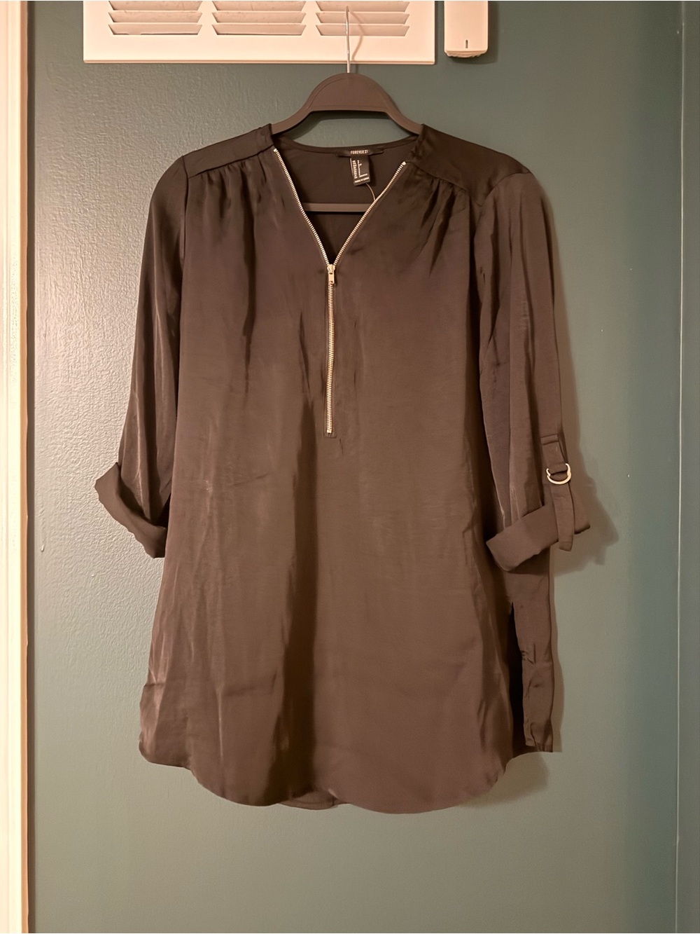 Black Zip-Front Roll-Sleeve Tunic